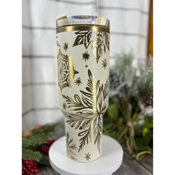 40oz Custom Engraved Etched Stanley Winter Christmas Cup, Snowflakes, Cream Moon - Picture 6 of 10
